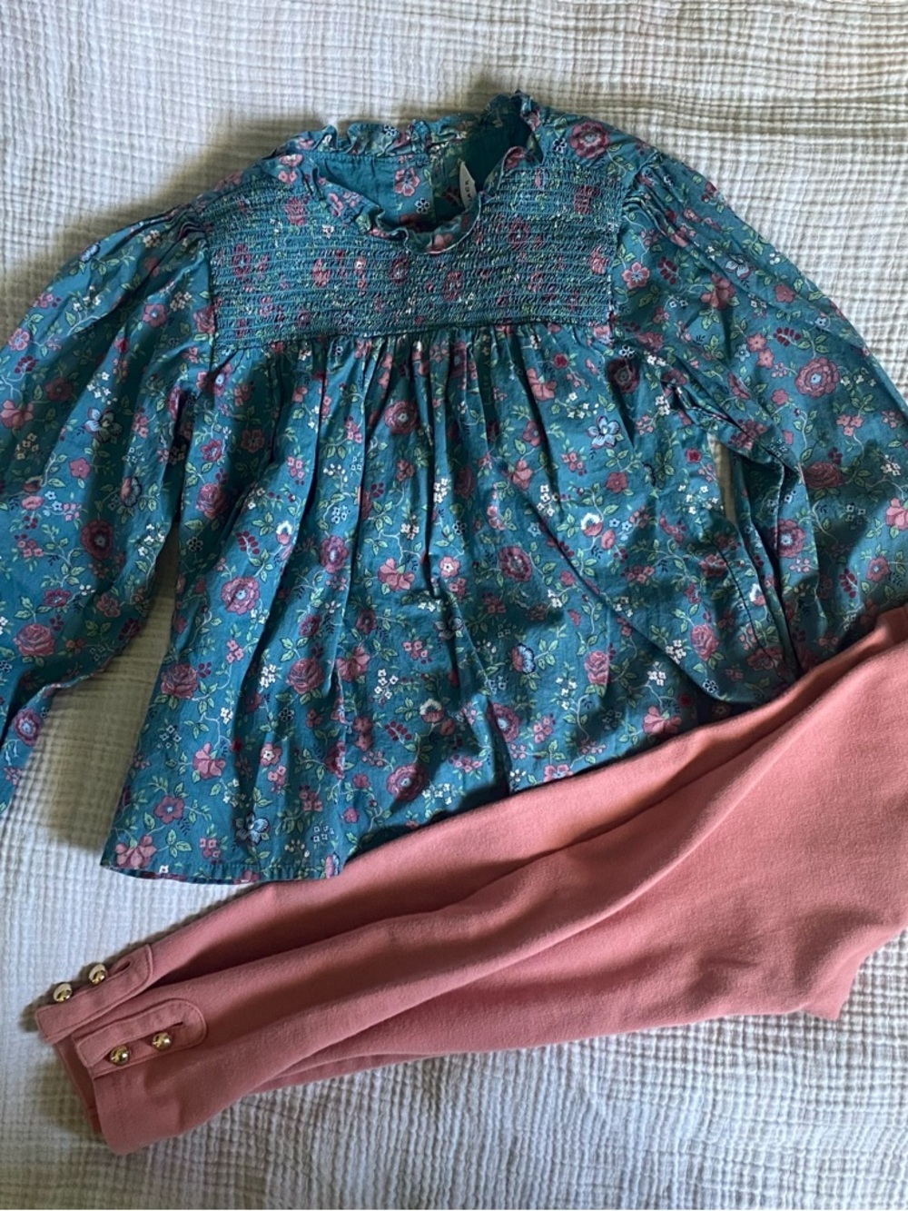 Janie and Jack Teal Floral Smocked Blouse with Pink Accents